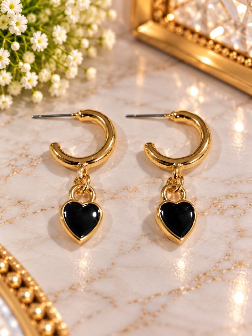 Gold Tone Black Heart Dangle Hoop Earrings Chunky Romantic Statement Jewelry